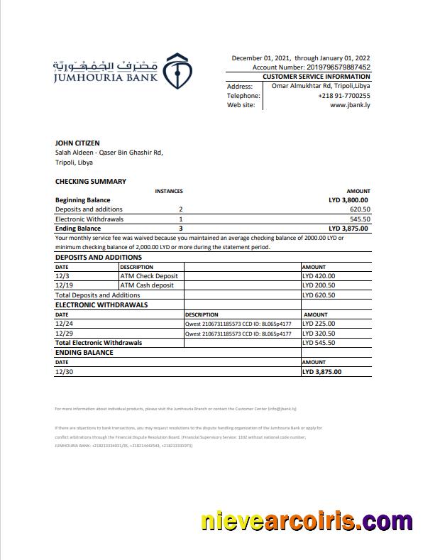 Libya Jumhouria bank statement Excel and PDF